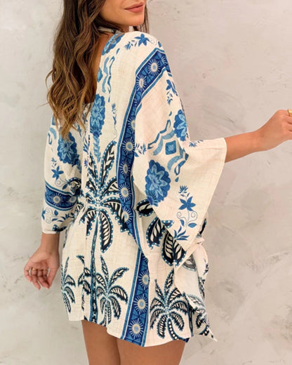 Vintage Tropical Plants & Floral Print Open Front Half Sleeve Cover-up Casual Hollow-out Back Loose Fit Cardigan