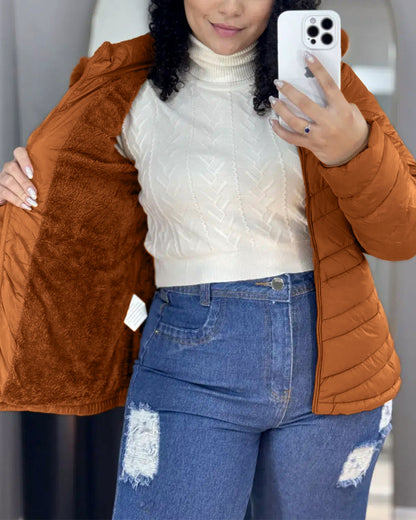 Zipper Pocket Design Shirred Fuzzy Trim Fleece Lined Hooded Puffer Jacket