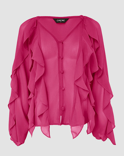 V Neck Shoulder Ruffles Design Blouse Casual Button Front Long Sleeve Top