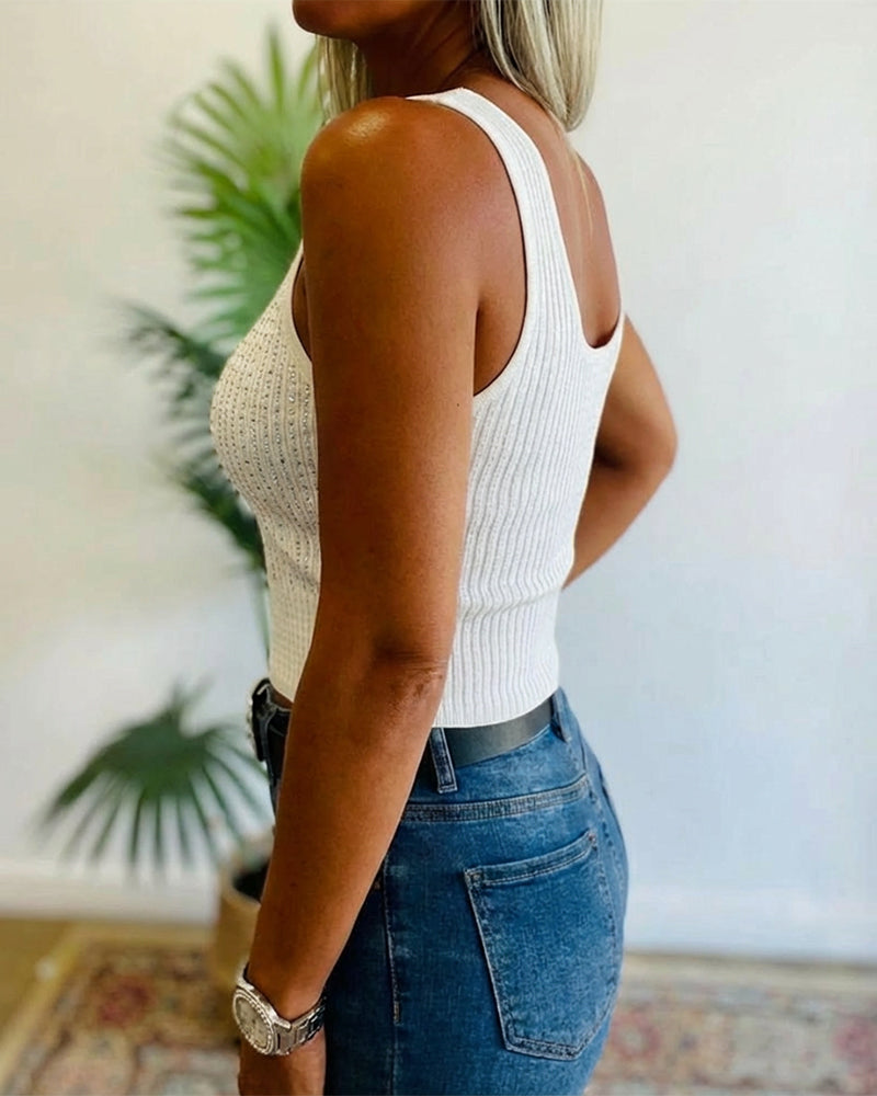 Rhinestone Decor U-Neck Sleeveless Tee Slim Fit Backless Ribbed Tank Top