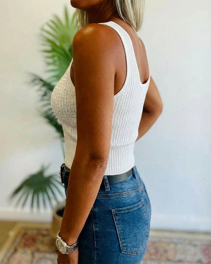 Rhinestone Decor U-Neck Sleeveless Tee Slim Fit Backless Ribbed Tank Top