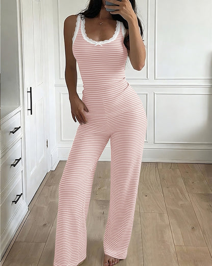 Women's 2 Piece Lace Trim Stripe Lounge Set Sleeveless Tank Top and Wide Leg Pants Set Rib Knit Pajamas Set with Pockets