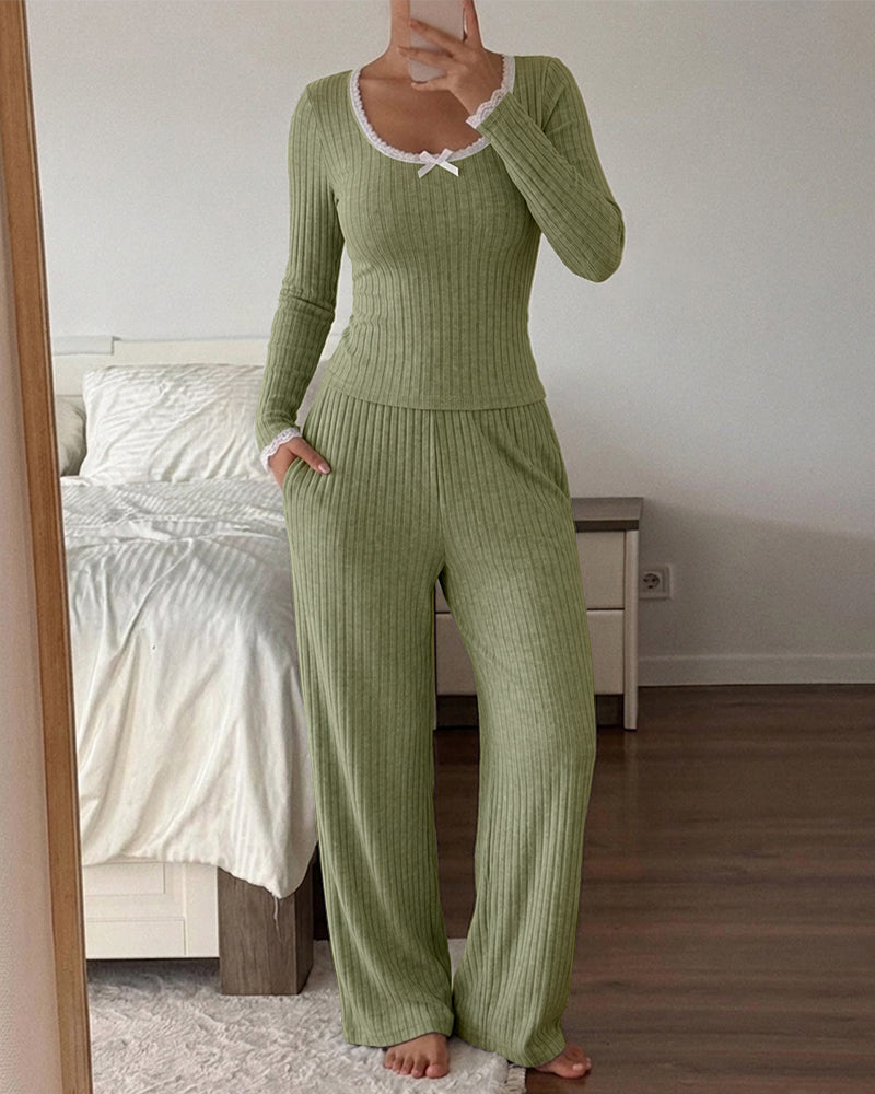 Women's 2 Piece Ribbed Lounge Sets Lace Trim Long Sleeve Top and High Waisted Pants Pajamas Sets with Pockets