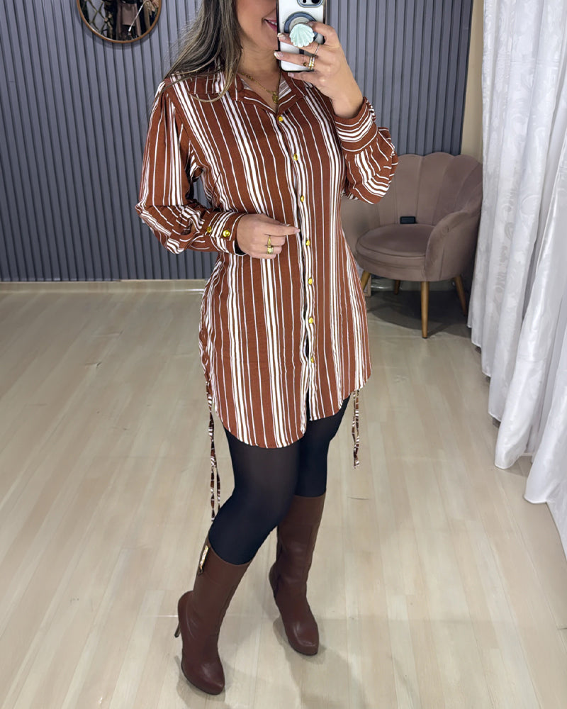 Women's Striped Shirt Dress Button Down Long Sleeve Shirred Waist Casual Dress