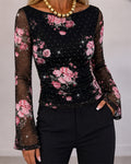 Women's Floral Rhinestone Sheer Mesh Boat Neck Ruched Flare Sleeve Top