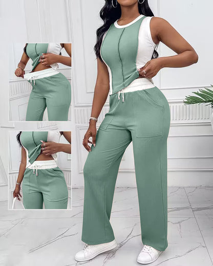 2 Pieces Outfit O-neck Slim Fit Tank Top and Drawstring Elastic Waist Straight Leg Pants Set Casual Colorblock Ribbed Set
