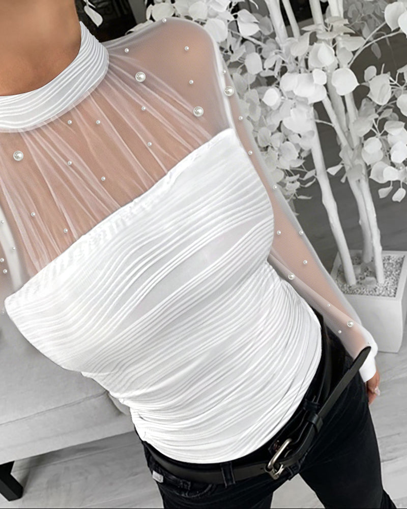Pearls Decor Mock Neck Sheer Mesh Spliced Ruched Tee Hollow out Back Slim Fit Textured Top