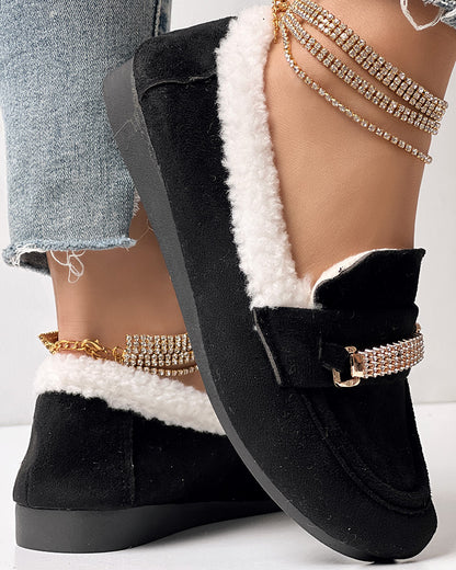 Rhinestone Chain Decor Thermal Lined Faux Shearling Trim Casual Flat Slip-On Loafers without Anklet Bracelet