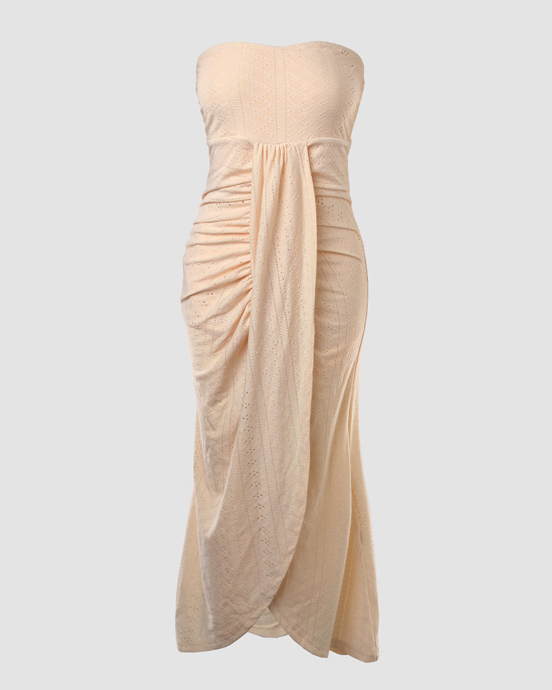 Sleeveless Ruched Cinched Waist Draped Bandeau Dress Eyelet Embroidery Slit Asymmetrical Hem Vacation Dress