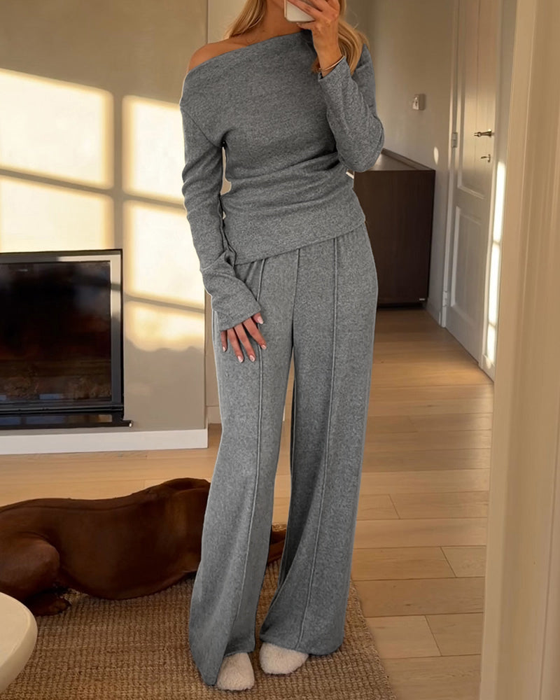 CHICME Women's 2-Piece Knit Set Skew Neck Long Sleeve Slim Fit Top and High-Waist Wide-Leg Pants Casual Soft Ribbed Lounge Set