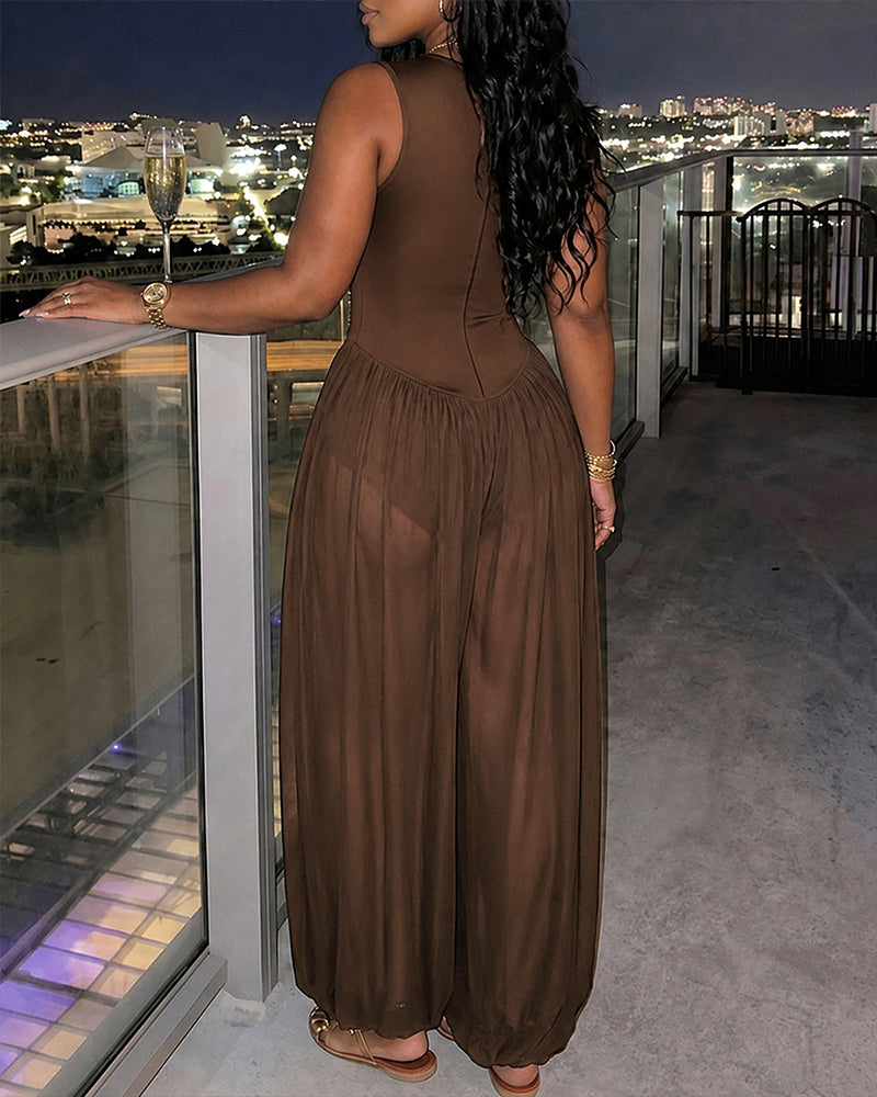 Women's Rhinestone Cutout Jumpsuit Sleeveless Sheer Chiffon Lantern Leg Overalls