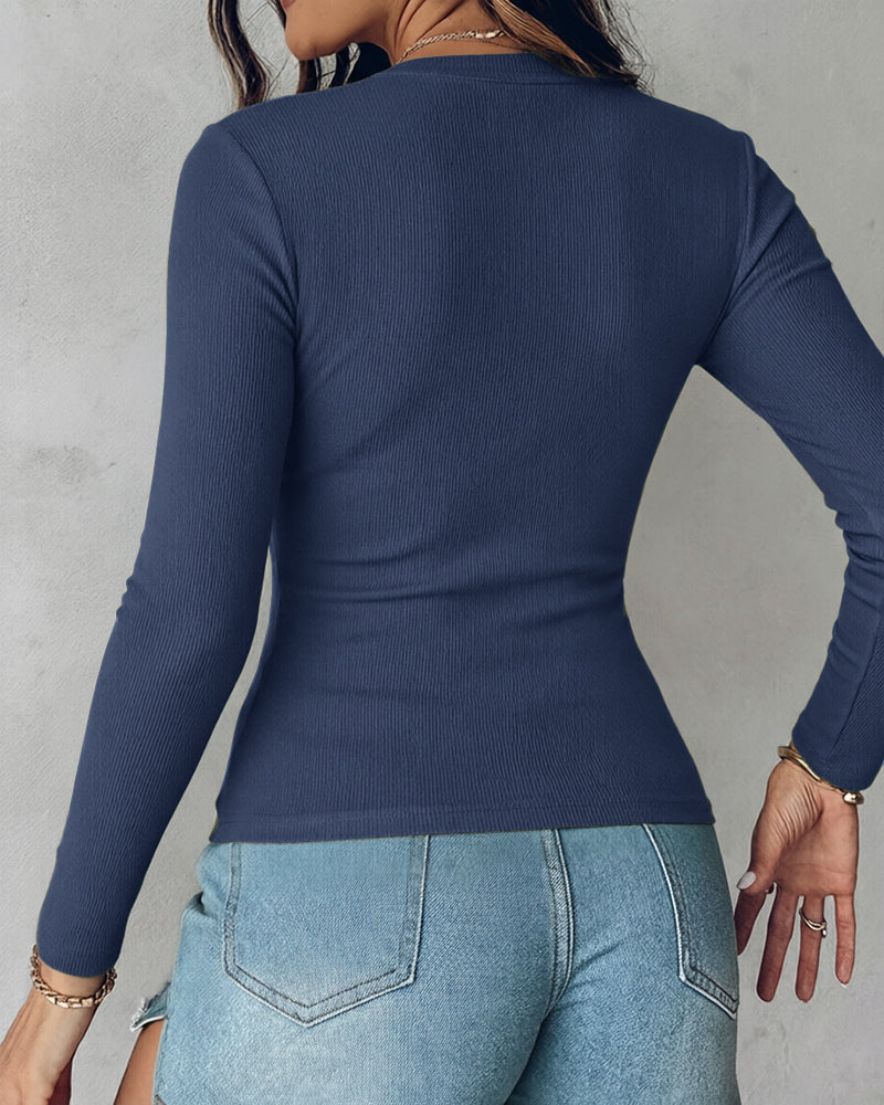 Women's V Neck Long Sleeve Ribbed Knit Top Slim Fit Base Layer Shirt Soft Stretchy Casual Tee with Built-in Bra