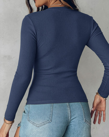 Women's V Neck Long Sleeve Ribbed Knit Top Slim Fit Base Layer Shirt Soft Stretchy Casual Tee with Built-in Bra