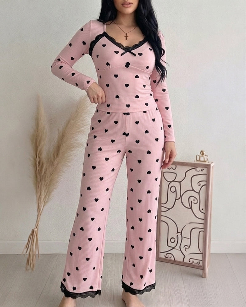 Women's Heart Print Lace Trim Ribbed Loungewear Set Long Sleeve Top and Wide Leg Pants Sweet Pajama Set