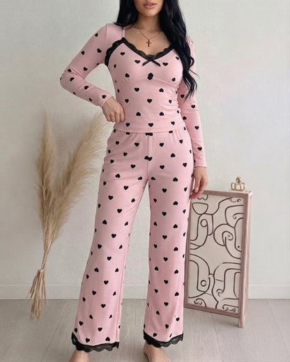 Women's Heart Print Lace Trim Ribbed Loungewear Set Long Sleeve Top and Wide Leg Pants Sweet Pajama Set