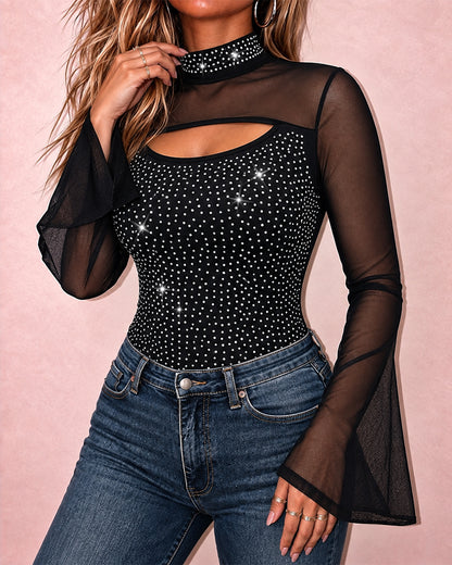Women's Rhinestone Sheer Mesh Patchwork Cutout Mock Neck Long Sleeve Top