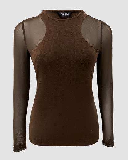 Sheer Mesh Spliced Long Sleeve Slim Fit Sexy Top