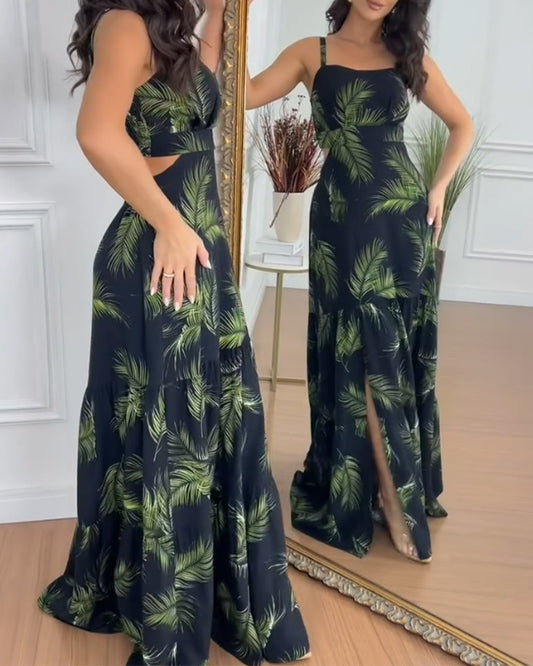 Women's Tropical Print Ruffle Hem Maxi Dress Sexy Cutout Adjustable Strap Slit Beach Vacation Dress