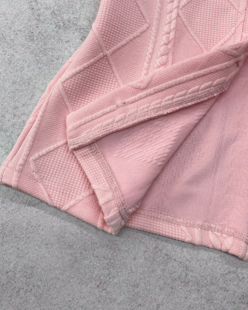 Metal Double Breasted Decor Stand Collar Argyle & Cable Textured Coat