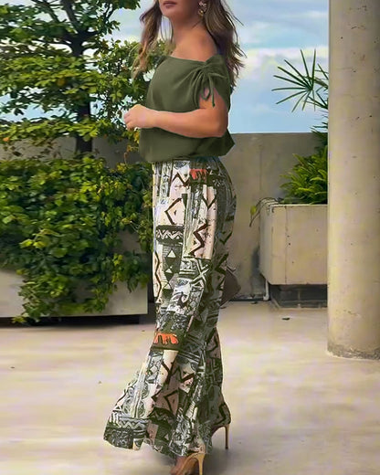 2 Piece Outfit Drawstring Cold Shoulder Top and Floral Print Wide Leg Pants Set
