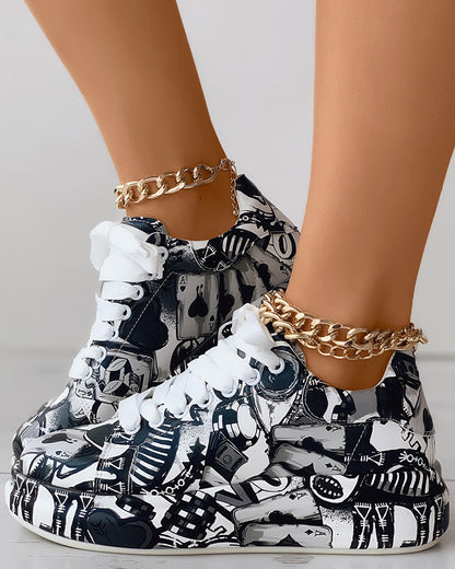 Lace-up Front Painting Print Platform Sneakers