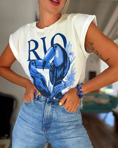 Birds & RIO Letter Print O-neck Short Sleeve Tee Casual Rolled Cuffs Top