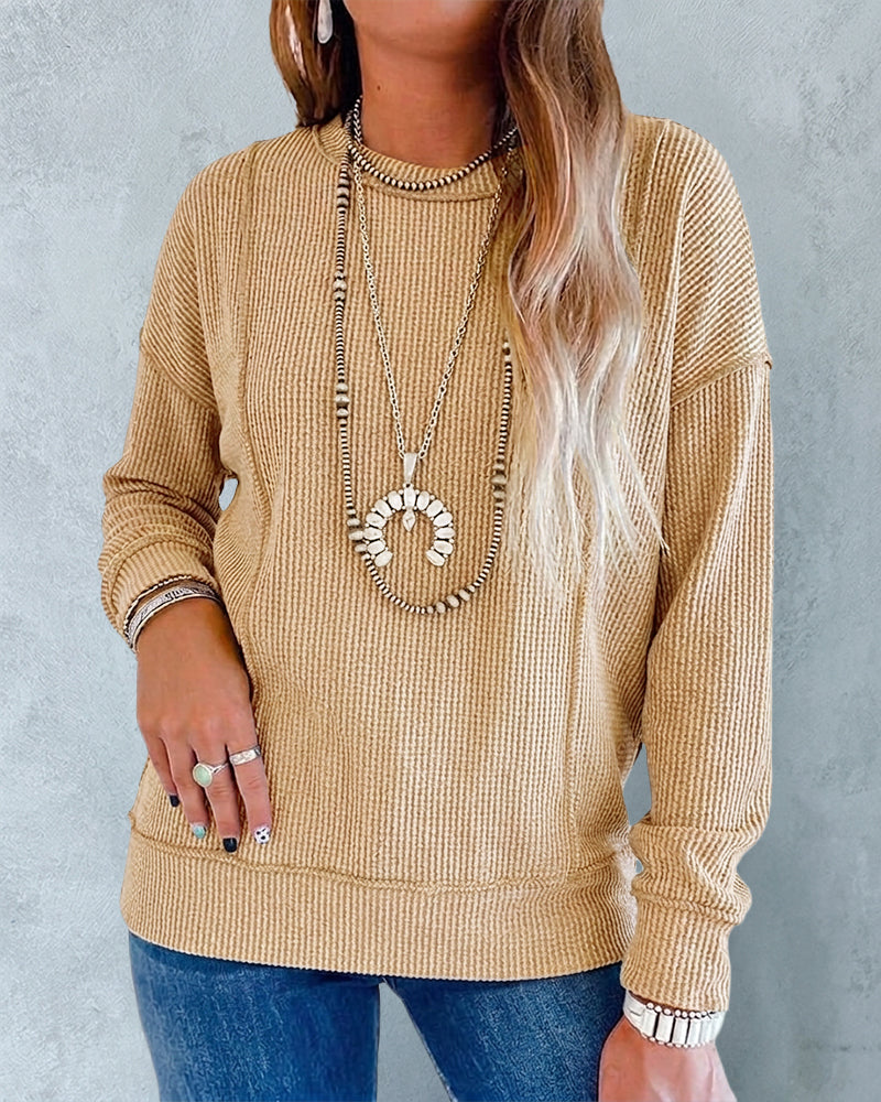 Women's Ribbed Knit Long Sleeve Top Casual Seam Crewneck Pullover