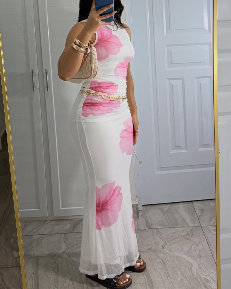 Women's Floral Mesh Ruched 2 Piece Set Sleeveless Crop Top and High Waist Mermaid Skirt Elegant Vacation Set