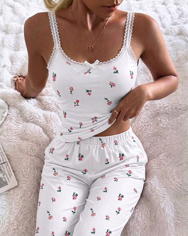 Women's Ditsy Floral Print 2 Piece Pajamas Set Lace Cami Top and Pants Casual Loungewear Bowknot Sleepwear