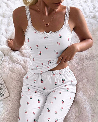 Women's Ditsy Floral Print 2 Piece Pajamas Set Lace Cami Top and Pants Casual Loungewear Bowknot Sleepwear