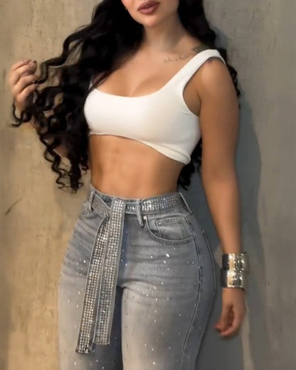 Allover Rhinestone Decor High Waist Zipper Fly Jeans Casual Wide Leg Loose Fit Denim Pants with Rhinestone Decor Belt