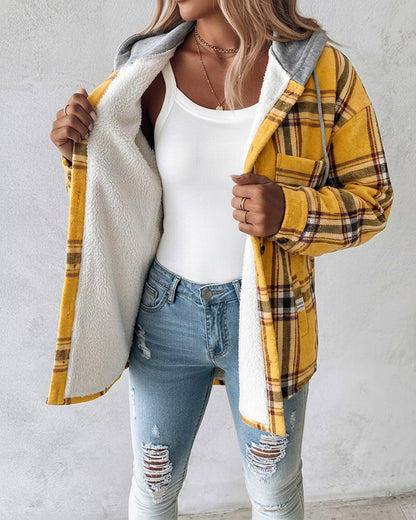 Women's Plaid Drawstring Hoodie Coat Casual Fleece Lined Jacket