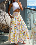 Women's High Waisted Shirred Floral Maxi Skirt Casual Ruffle Hem A-Line Skirt with Pockets