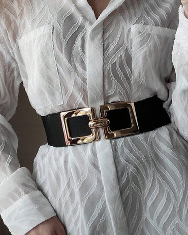 Wide Elastic Belt Fashion Square Gold Buckle Stretch Dress Belt Waistband