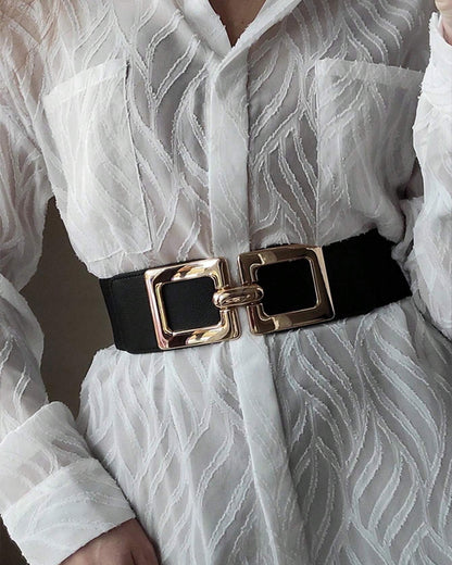 Wide Elastic Belt Fashion Square Gold Buckle Stretch Dress Belt Waistband