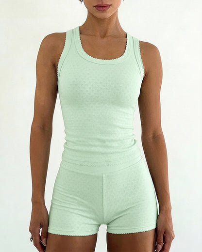 Women's 2 Piece Knit Lounge Set Heart Jacquard Racerback Tank Top and High Waist Shorts Slim Fit Stretchy Outfits