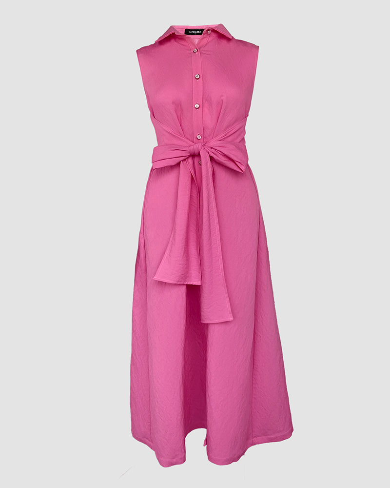 Turn-down Collar Button Front Sleeveless Shirt Dress Casual Tied Detail Maxi Dress