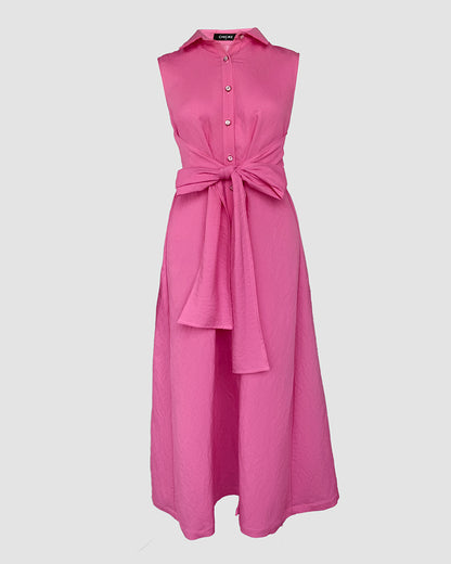 Turn-down Collar Sleeveless Button Front Shirt Dress Casual Open Back Tied Detail Commuting Dress