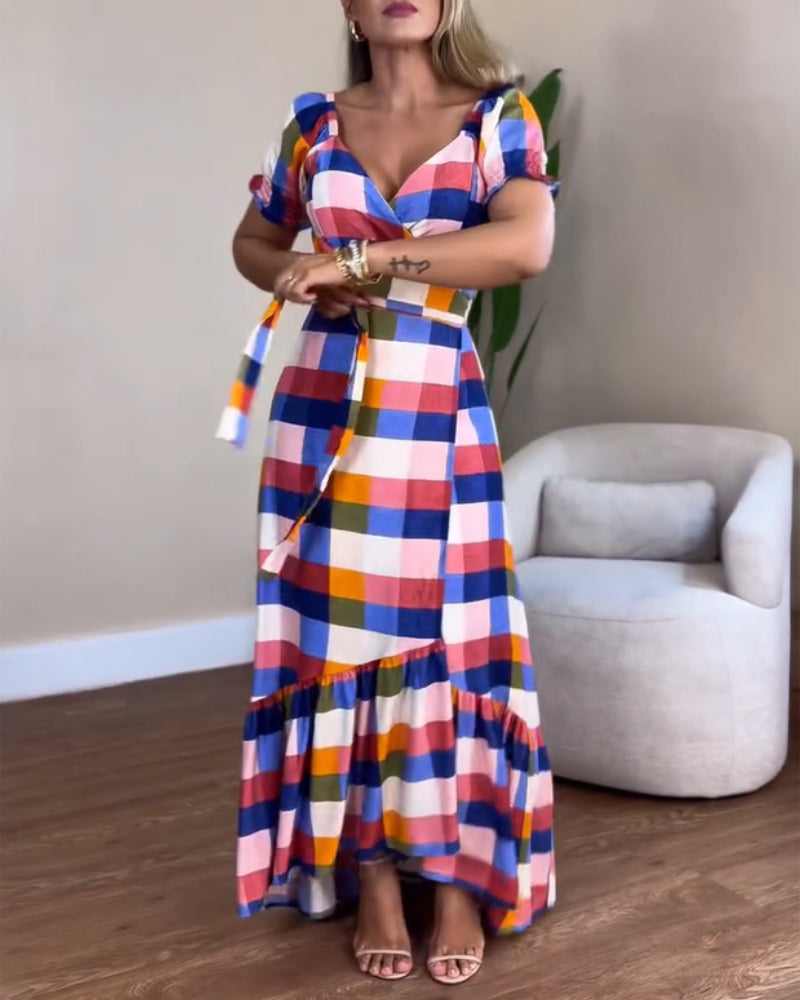 Colorful Plaid Print Overlap V-Neck Puff Sleeve Wrap Lace-Up Vacation Dress Casual Bow Tie Waist Ruffle Hem Maxi Dress