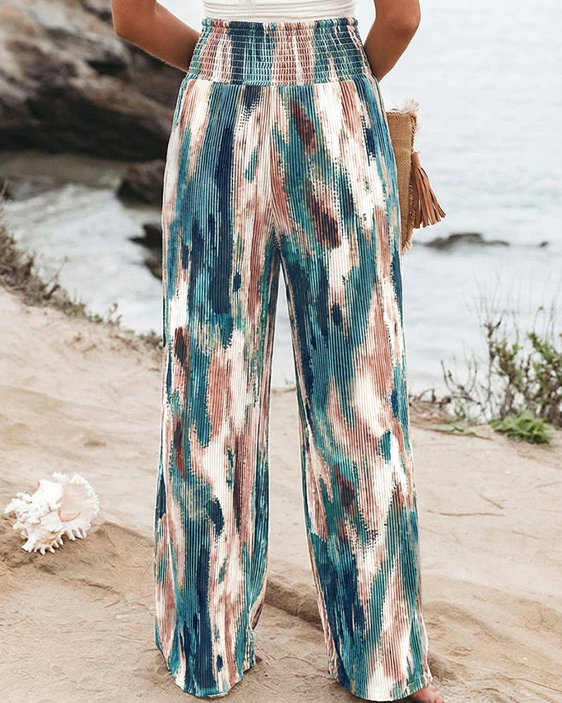 Tie Dye Print High Wait Elastic Waist Pleated Wide Leg Pants