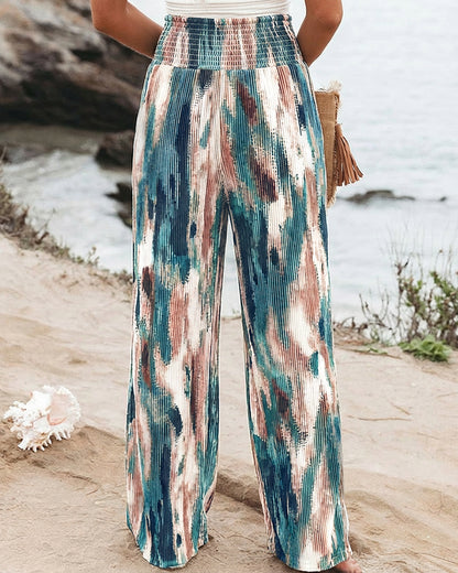 Tie Dye Print High Wait Elastic Waist Pleated Wide Leg Pants