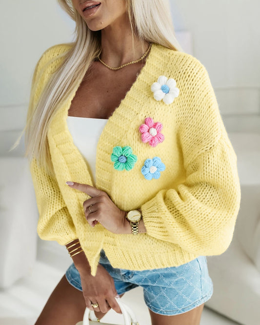 Women's 3D Floral Knit Cardigan Long Sleeve Crochet Sweater Casual Crop Coat