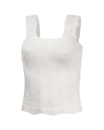 Floral Jacquard Square Neck Thick Strap Crop Tank Casual Sleeveless Top