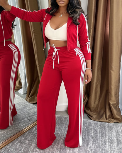 2 Pieces Outfit Zip Up Drawstring Hoodie Crop Coat and Drawstring Elastic Waist Wide Leg Pants Set Casual Contrast Side Striped Tracksuit