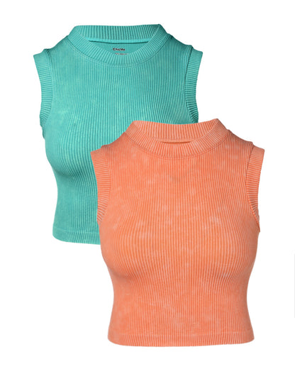 2-Pack Women's Washed Knit Tank Top Ribbed Sleeveless O-neck Cropped Tee Retro Casual Layering Top