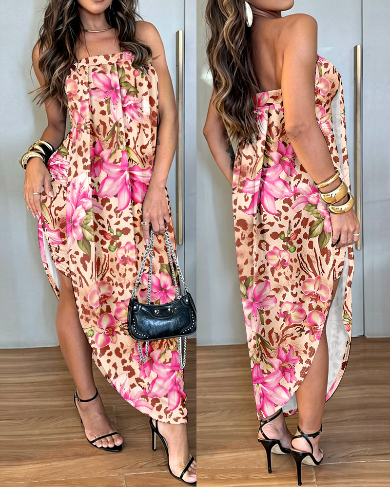 Women's Leopard Floral Asymmetrical Hem Tube Dress Layered Ruched Convertible Vacation Dress with Detachable Clear Straps