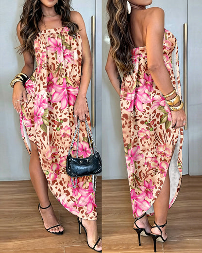 Women's Leopard Floral Asymmetrical Hem Tube Dress Layered Ruched Convertible Vacation Dress with Detachable Clear Straps