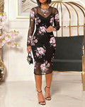 Women's 2 Piece Set Floral Print Mesh Midi Dress Rhinestone Sheer Long Sleeve Bodycon Dress with Cami Slip Dress