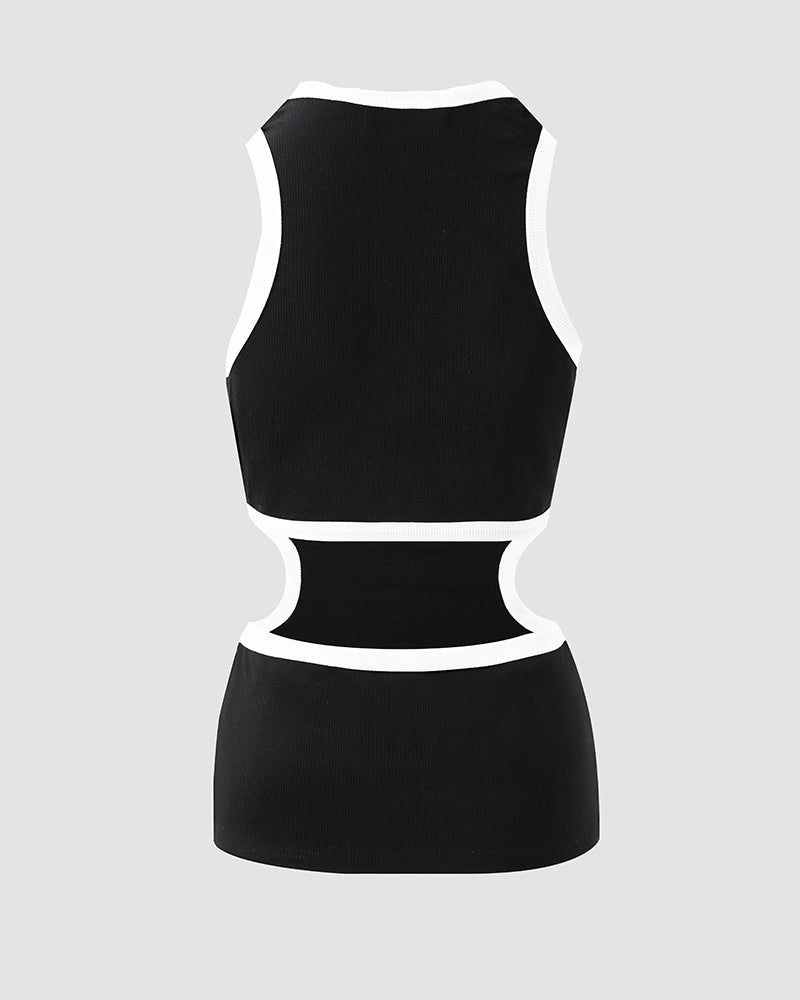 Women's Ribbed Contrast Trim Tank Top Sleeveless Crew Neck Cutout Slim Fit Stretch Casual Top