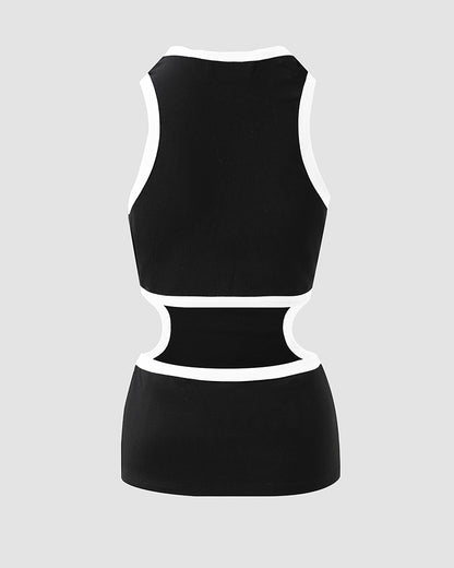Women's Ribbed Contrast Trim Tank Top Sleeveless Crew Neck Cutout Slim Fit Stretch Casual Top